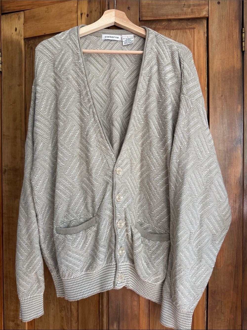 Vintage 90s Beige L Textured V-Neck Button Cardigan Grandpa Grunge Kurt Cobain